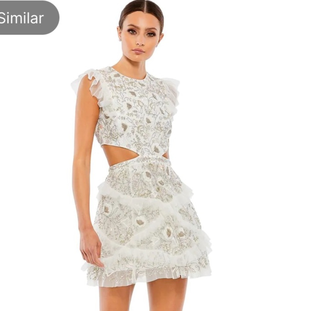 MAC DUGGAL
Embellished Jewel Neck Tulle Ruffle Mini Dress - ivory size 2